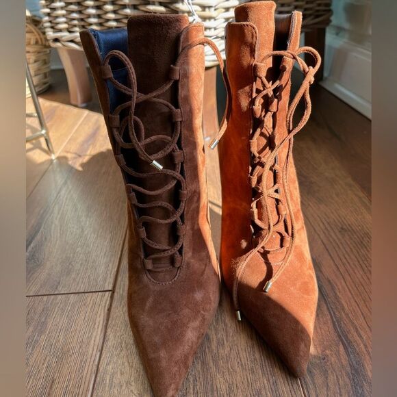 New Good American Lace Up Ankle Boots Tobacco Suede Pointed Toe - Picture 5 of 8